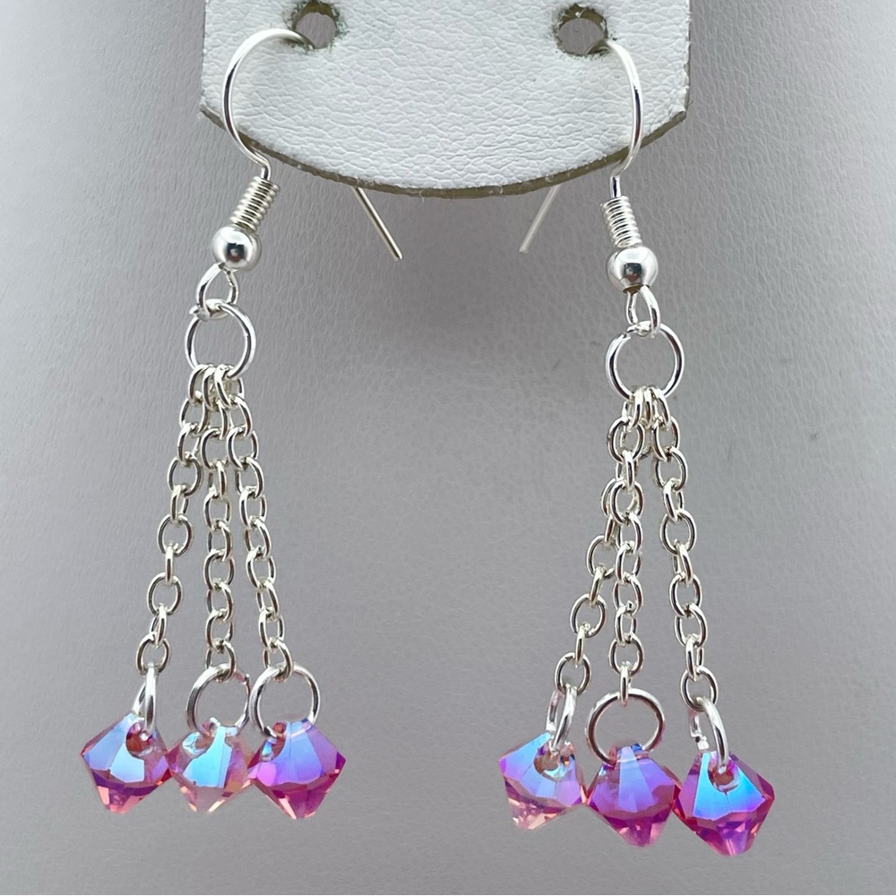 Stunning Silver Plated Pink Swarovski Triple Chain Dangle Earrings